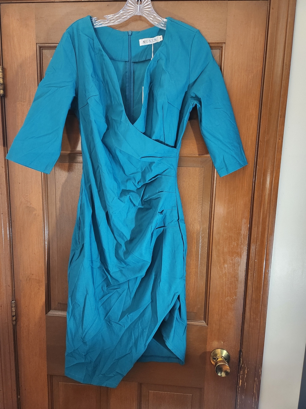 MUXXN Teal Wrap Style Midi Dress 3/4 Sleeve Medium NWT